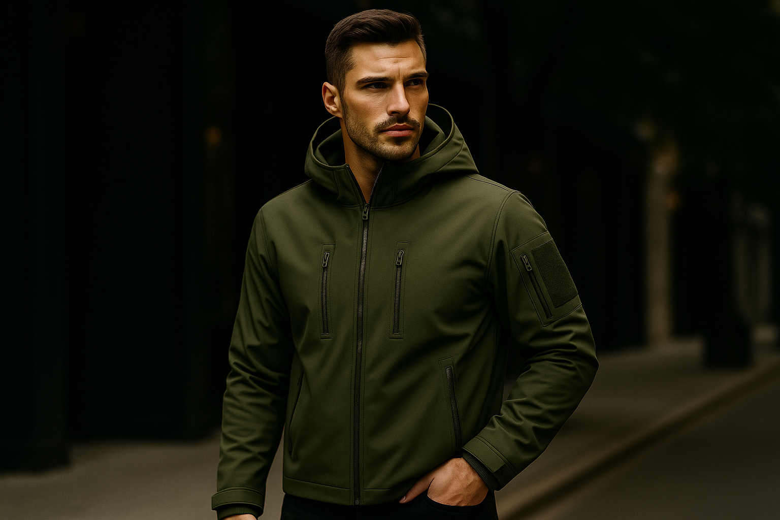 Olive Softshell Jacket – Outdoor Menswear Male model wearing an olive green softshell jacket in an urban outdoor setting.