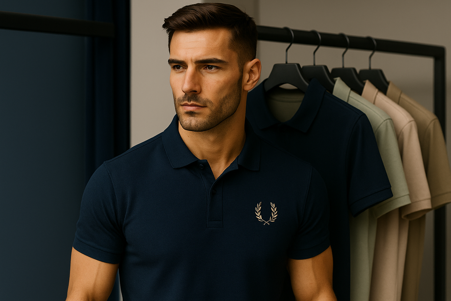 Navy Blue Polo – Men’s Tops Male model wearing a navy blue polo shirt in a clean modern setting.