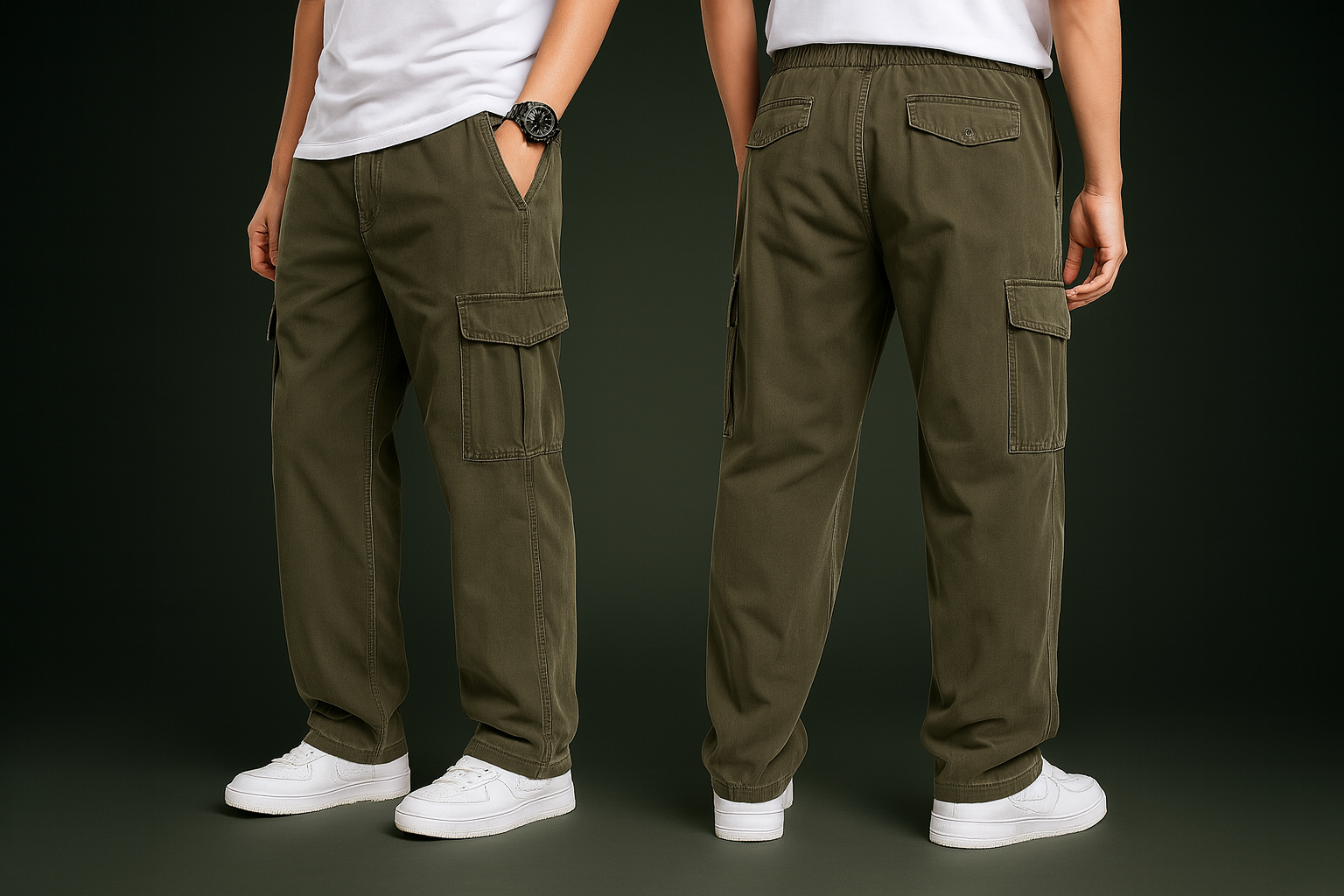 Men’s Green Cargo Pants – Urban Utility Style Caucasian male model wearing green cargo pants in a clean, modern setting.