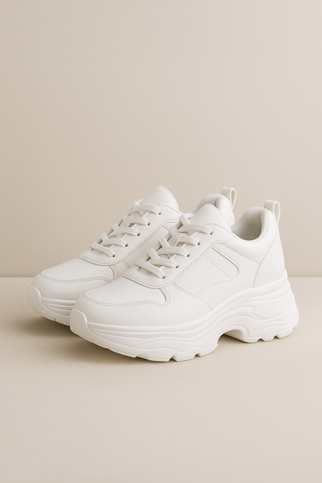 White Platform Sneakers – Minimalist Chunky Shoes White platform sneakers on a beige background