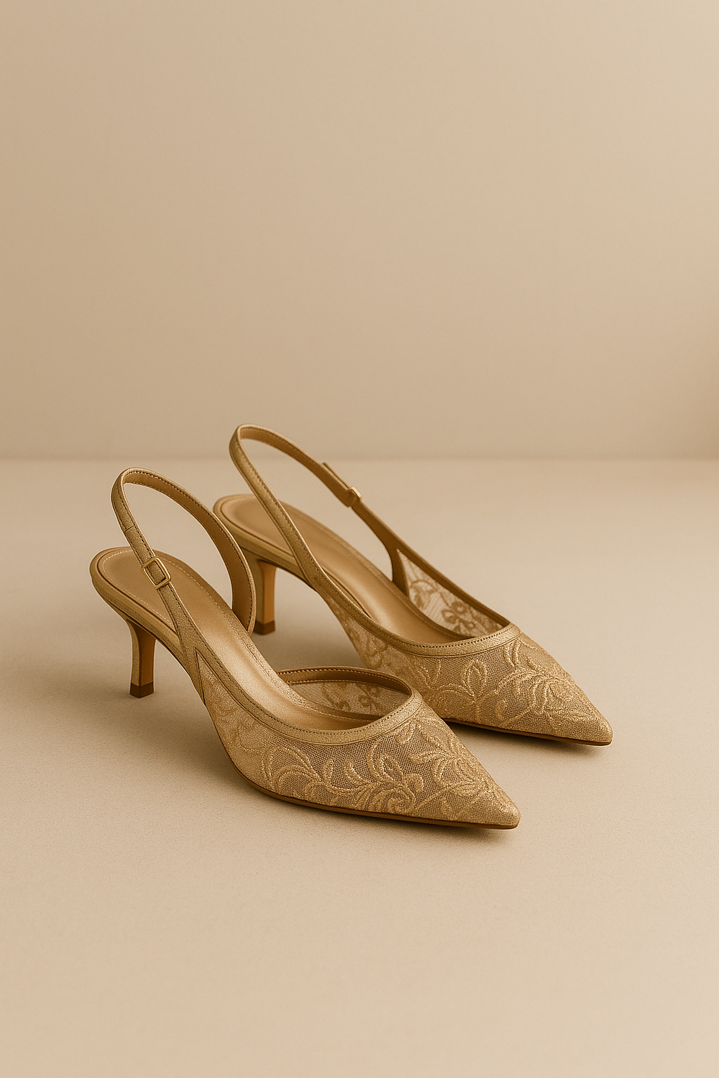 Gold Lace Slingback Heels Gold lace high heel slingback shoes for women