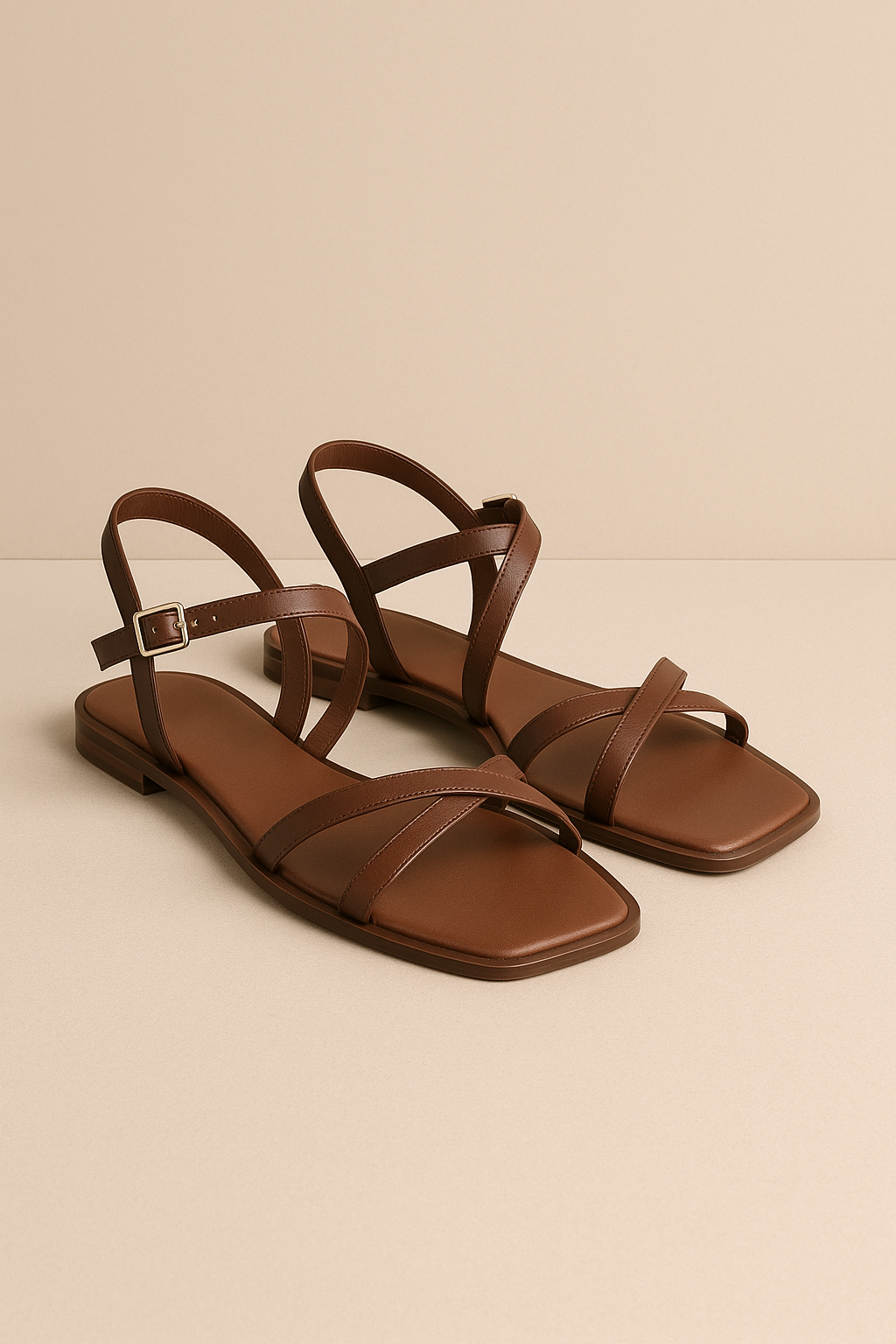 Brown Flat Sandals Minimalist Design brown minimalist flat sandals with thin straps and square toe for women