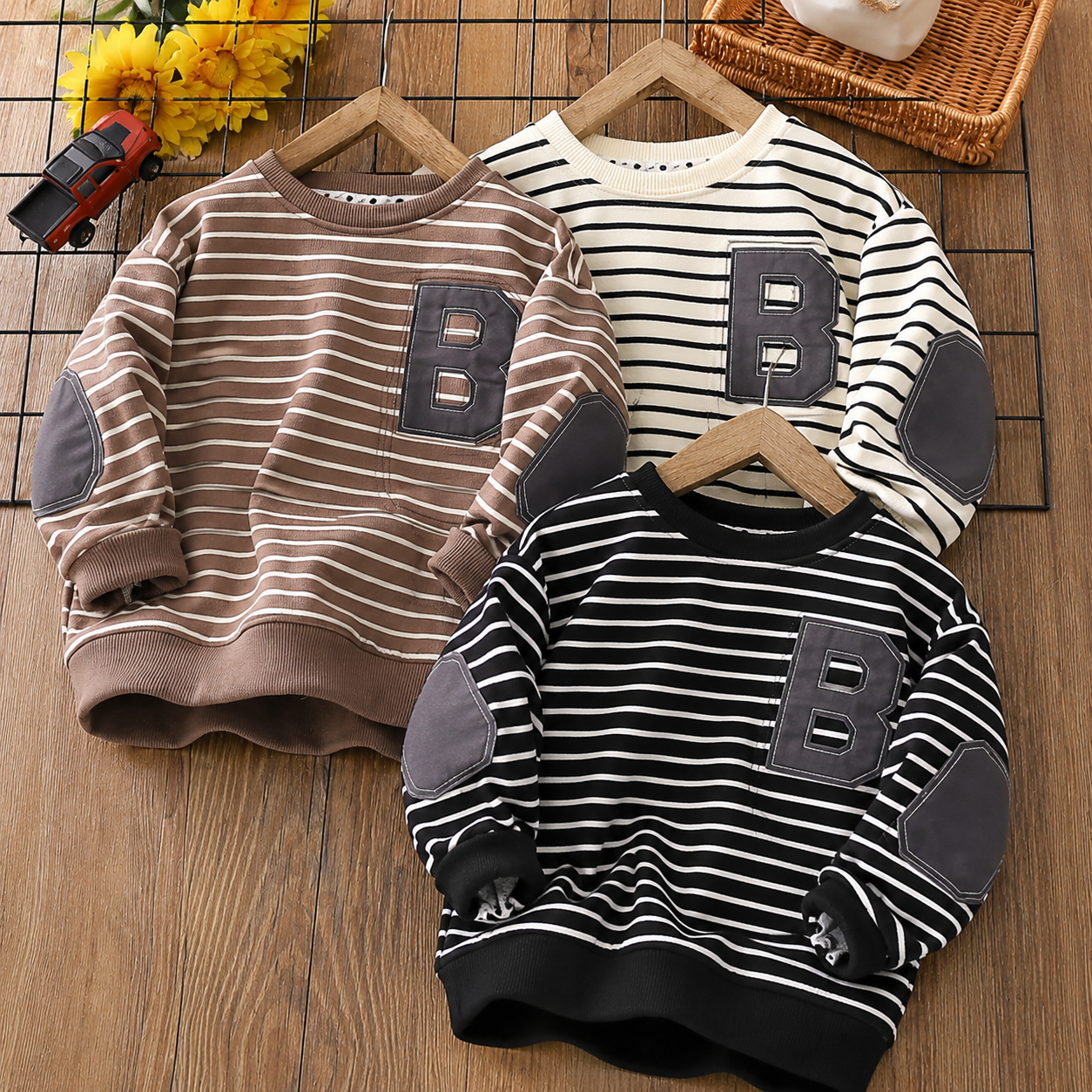 punllover 2 Boys Clothing Striped Sweatshirt Letter Patch Casual Pullover
