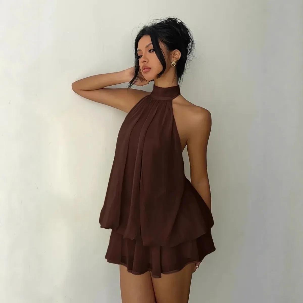 Brown halter mini dress for women