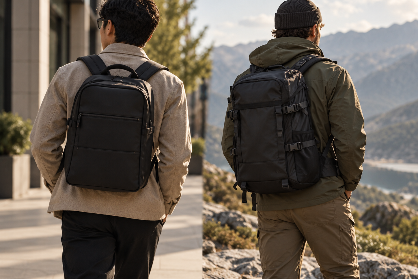 Two travelers wearing black backpacks for everyday commuting and outdoor travel.